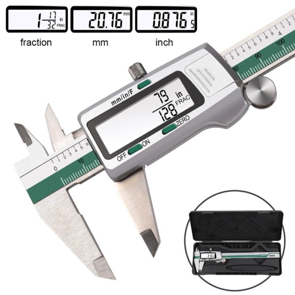 Calibro Digitale in Acciaio Inossidabile 150mm con pulsante di conversione pollici/metrico/frazioni Risoluzione 0,01mm con custodia 1