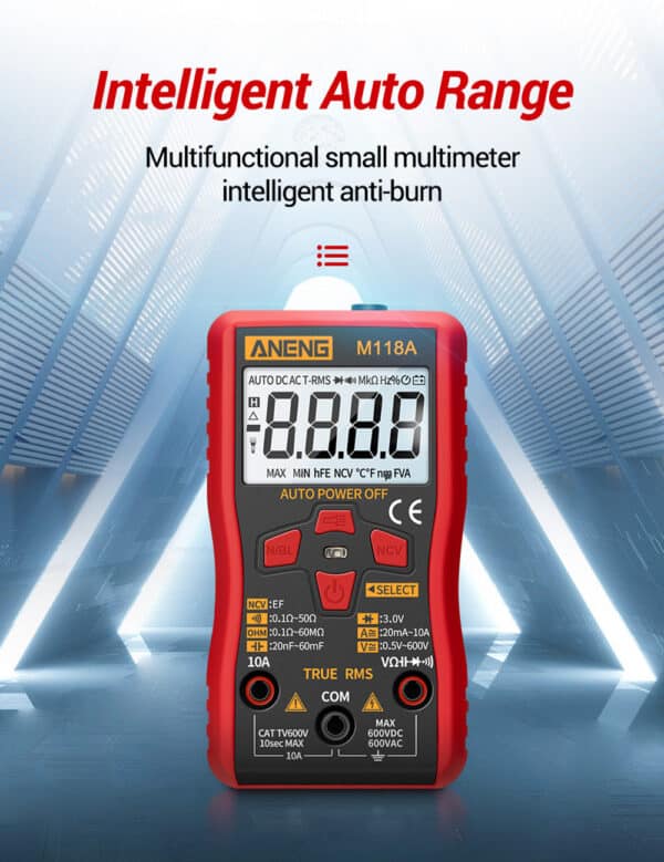 ANENG M118A Mini Multimetro Digitale 6000 Conteggi Auto Gamma True RMS Transistor Meter con NCV Data Hold Torcia 7