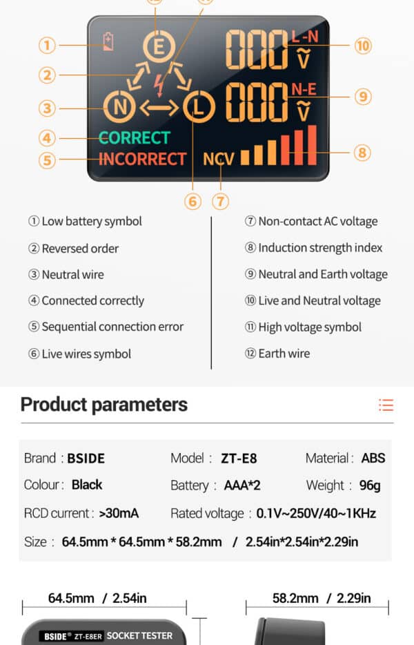 BSIDE ZT-E8 Multimetro Tester per Presa Schermo LCD Misura Tensione Fase con Circuito Elettrico Automatico, Spina EU Schuko 9