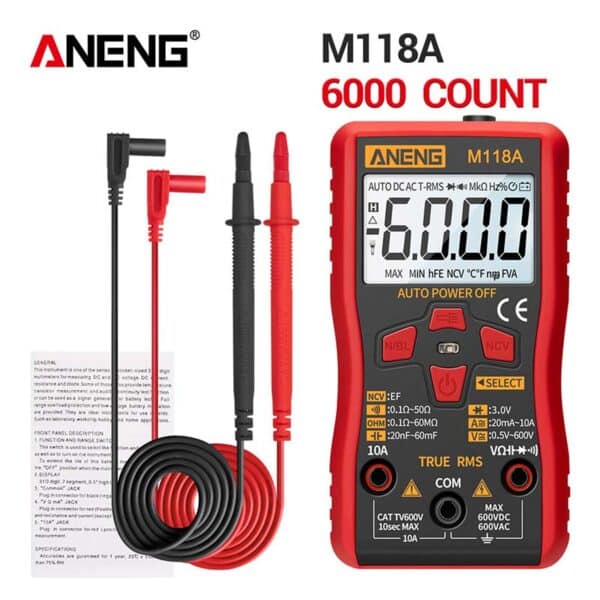 ANENG M118A Mini Multimetro Digitale 6000 Conteggi Auto Gamma True RMS Transistor Meter con NCV Data Hold Torcia 5