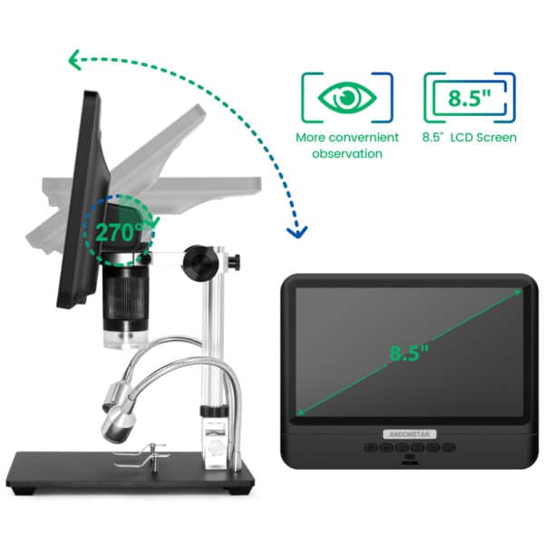 Andonstar AD208S 8,5 Pollici 5X-1200X Microscopio Digitale con Supporto Regolabile 1280×800 Display LCD Strumento di Saldatura 1080P Scope con Due Luci di Riempimento 6