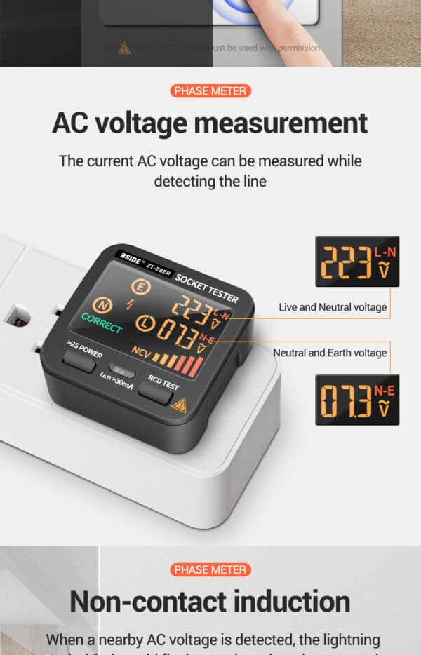 BSIDE ZT-E8 Multimetro Tester per Presa Schermo LCD Misura Tensione Fase con Circuito Elettrico Automatico, Spina EU Schuko 5