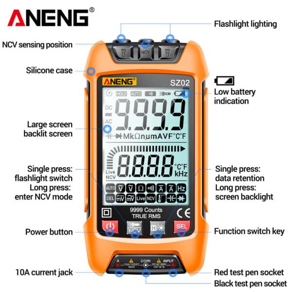 ANENG SZ02 Multimetro Auto Range 9000 Conteggi True RMS Digitale Tester ad Alta Precisione 16