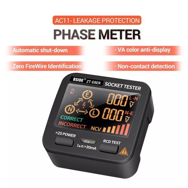 BSIDE ZT-E8 Multimetro Tester per Presa Schermo LCD Misura Tensione Fase con Circuito Elettrico Automatico, Spina EU Schuko 3