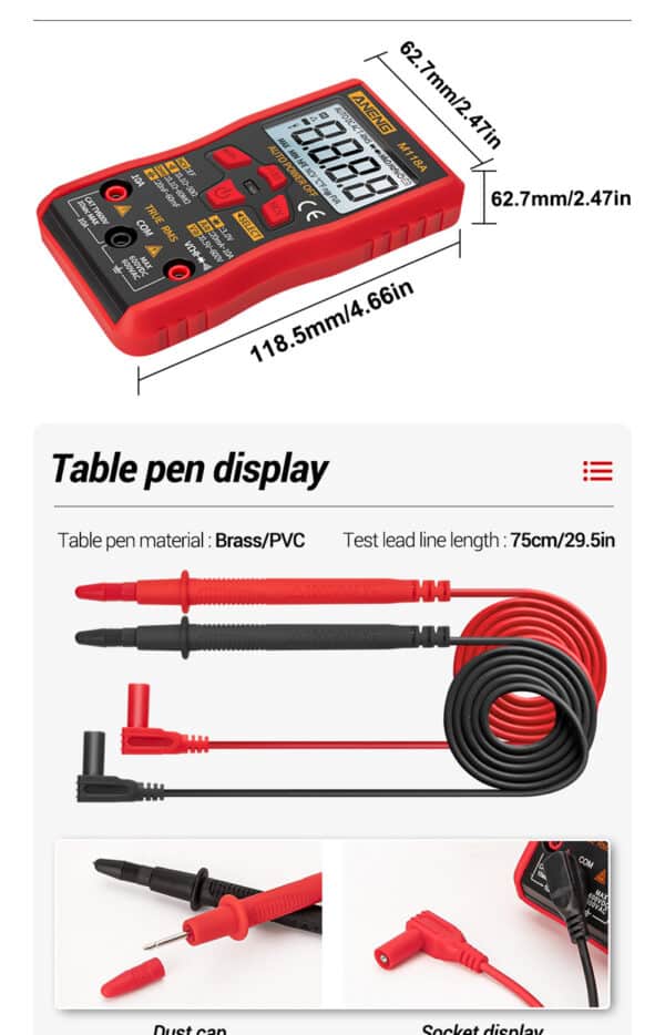 ANENG M118A Mini Multimetro Digitale 6000 Conteggi Auto Gamma True RMS Transistor Meter con NCV Data Hold Torcia 16