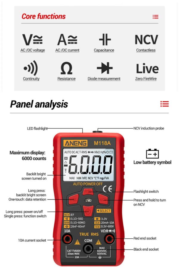 ANENG M118A Mini Multimetro Digitale 6000 Conteggi Auto Gamma True RMS Transistor Meter con NCV Data Hold Torcia 8