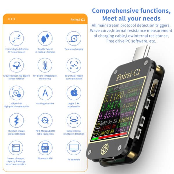 FNIRSI-C1 USB Tester USB-C Voltmetro Amperometro Test di Ricarica Misuratore 2