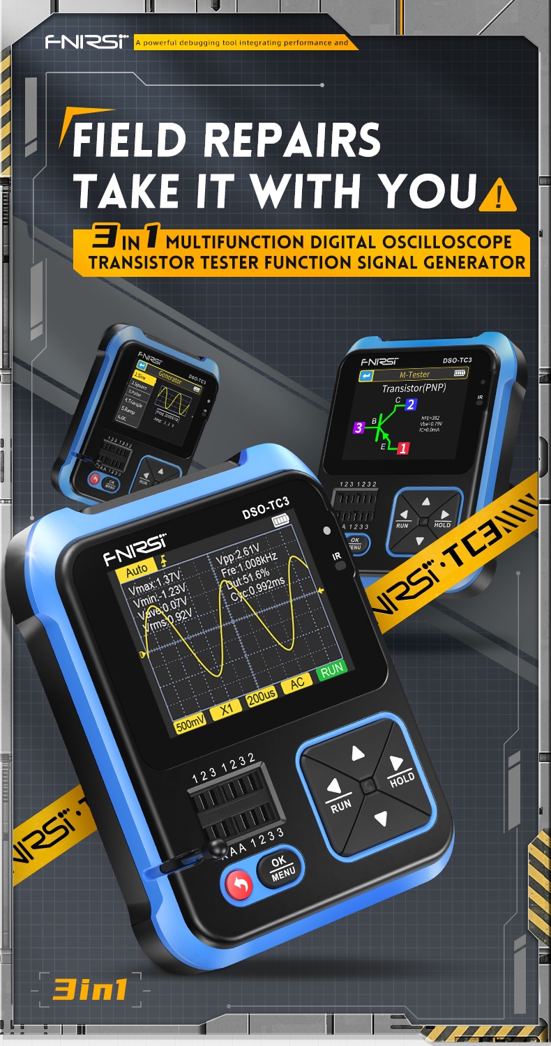 FNIRSI DSO-TC3 Transistor Tester Digitale Oscilloscopio con Generatore di  Segnali 3 in 1 Multifunzione