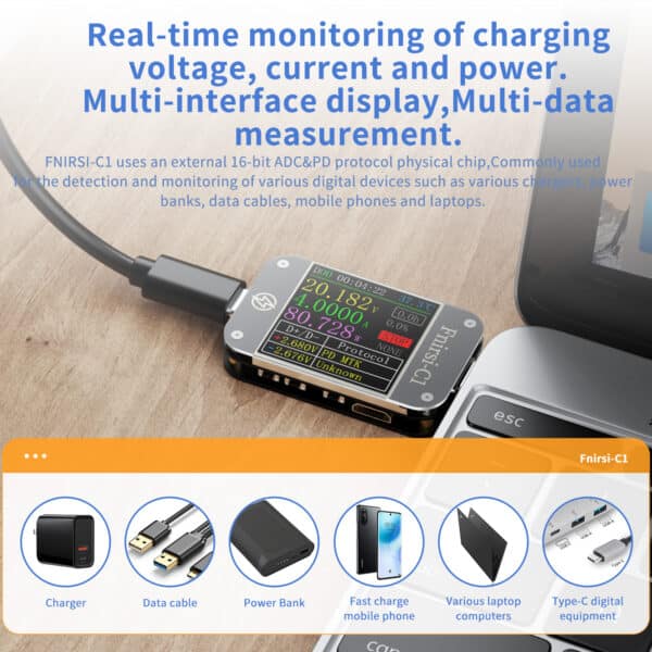 FNIRSI-C1 USB Tester USB-C Voltmetro Amperometro Test di Ricarica Misuratore 5