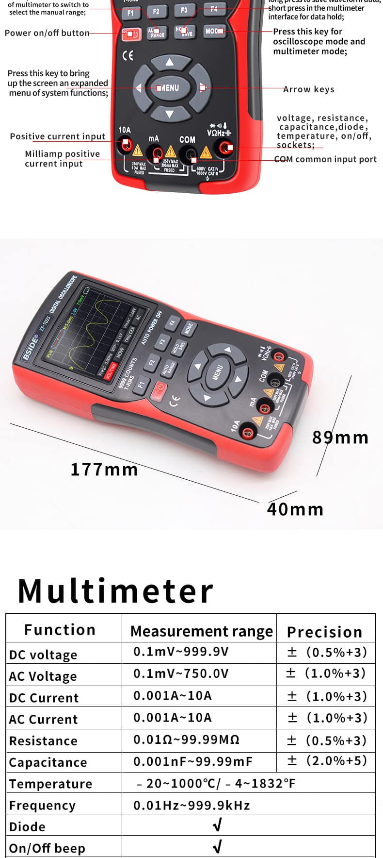 BSIDE ZT-702S Multimetro Digitale Oscilloscopio Automatico True RMS 48M/S  10MHZ