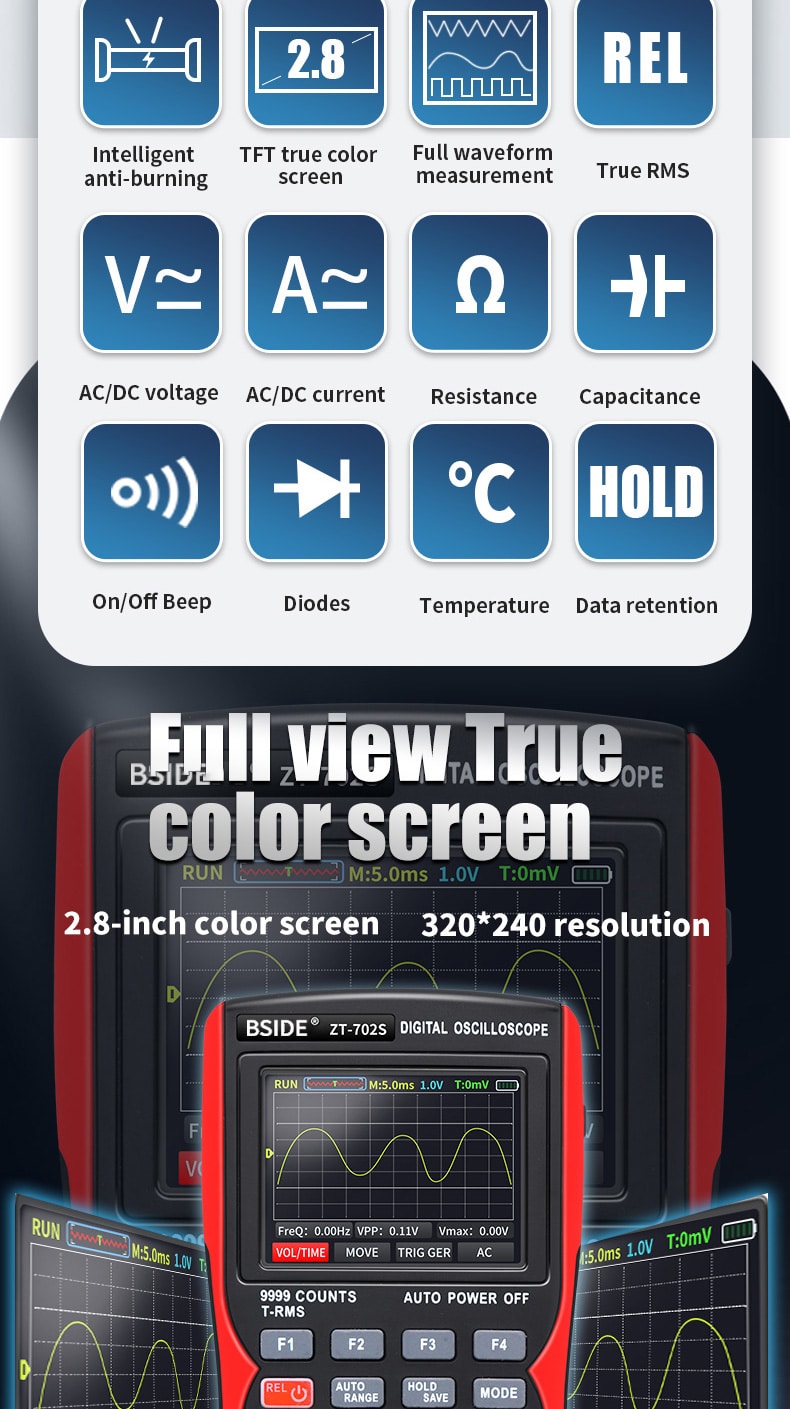 BSIDE ZT-702S Multimetro Digitale Oscilloscopio Automatico True RMS 48M/S  10MHZ