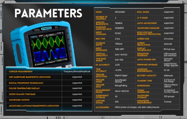 FNIRSI DPOX180H Oscilloscopio Portatile 180MHz – 3DB 50000wfms/s con Generatore di Segnali