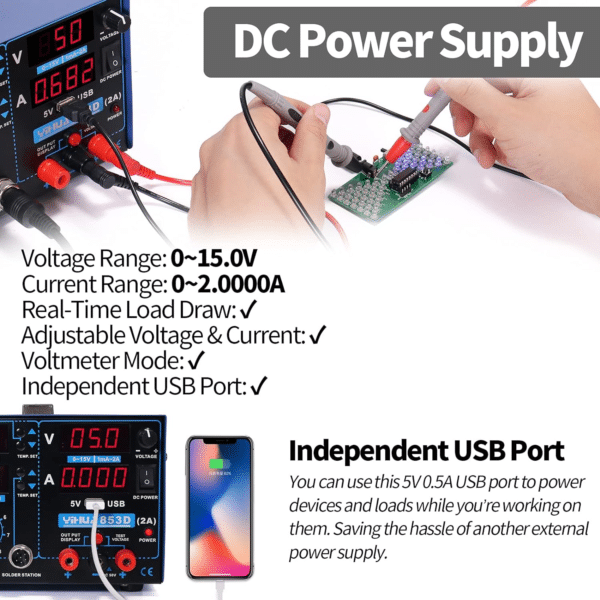 YIHUA 853D 2A USB Stazione Saldante Ad Aria Alimentatore 0-15V DC