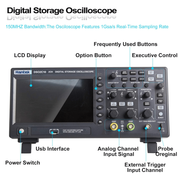 Hantek DSO2D15 Oscilloscopio Digitale da Tavolo 2CH + AFG, 150MHz, 1GSa/s, con Generatore di Segnali