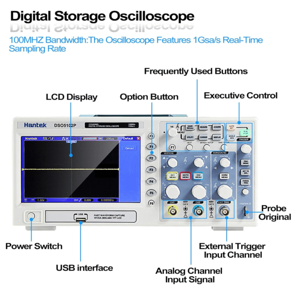 Hantek DSO5102P Oscilloscopio con Memoria Digitale USB a 2 canali 100MHz campionamento in tempo reale 1GSa/s