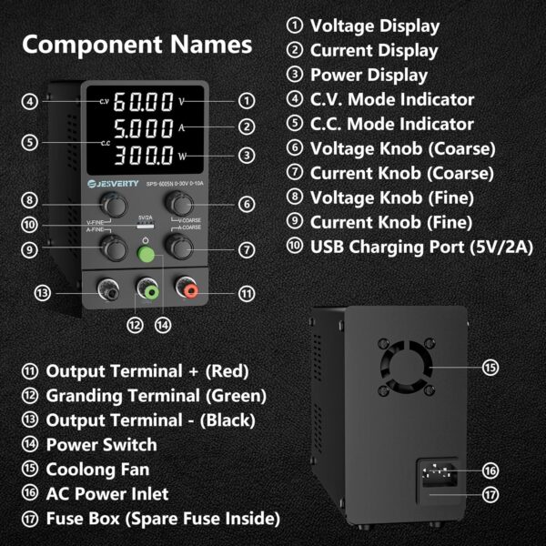 Jesverty SPS-6005N Alimentatore Da Laboratorio CC 0-60V, 0-5A