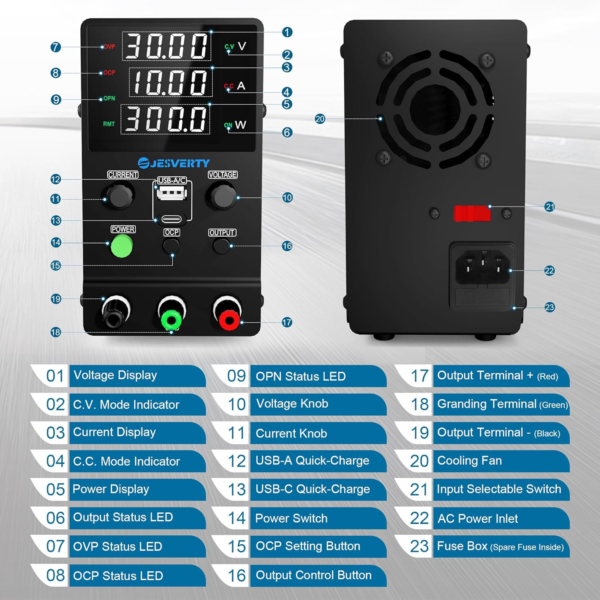 Alimentatore Jesverty SPS-3010M CC Variabile, Alimentatore Da Banco Regolabile 0-30V 0-10A